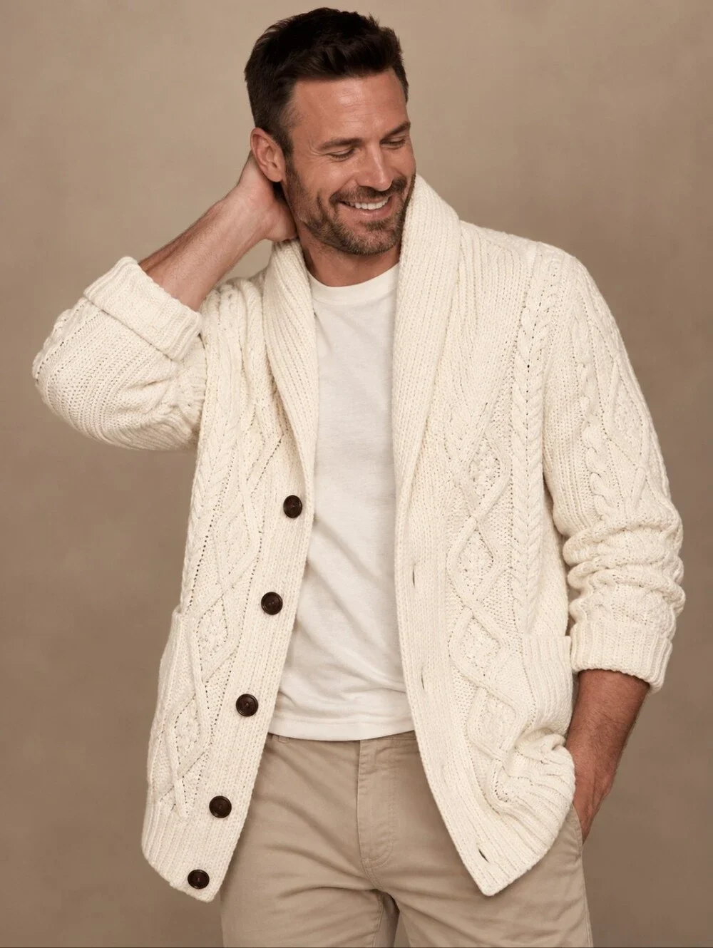 Banana Republic Men Cable Knit Shawl Collar Cardigan Sweater Ivory XXL Tall